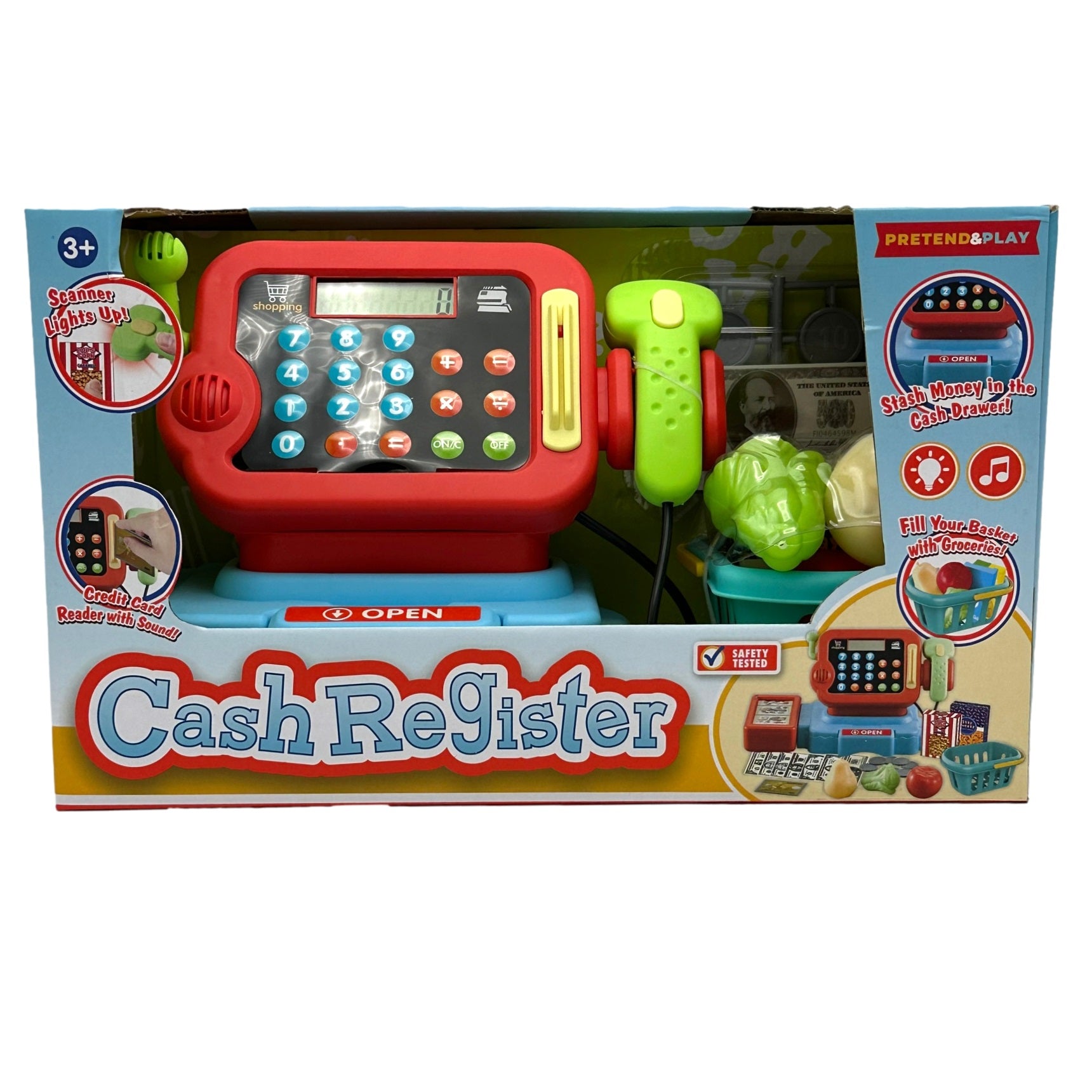 A toy cash register with a scanner, credit card reader, calculator buttons, and play money on a package.